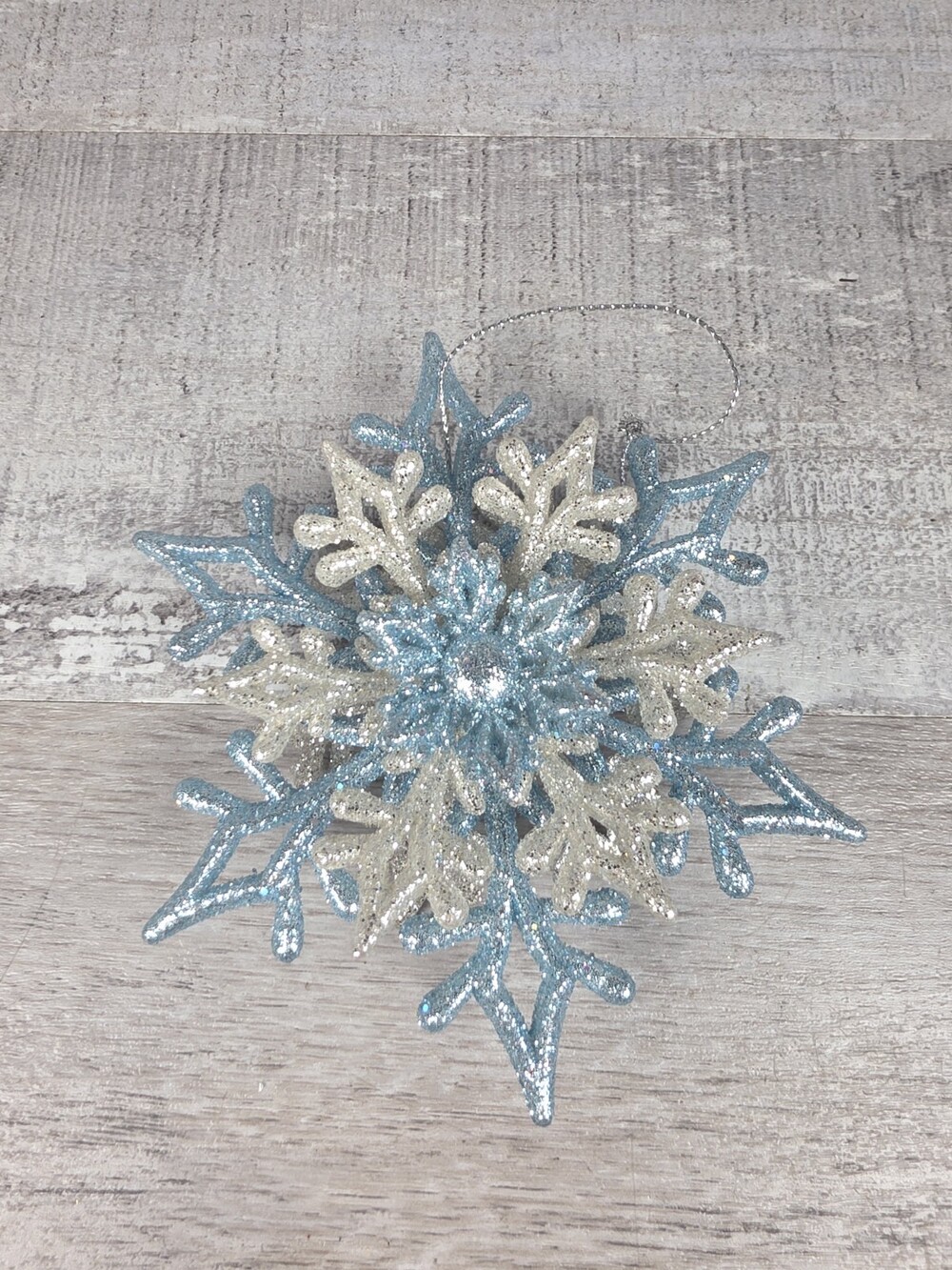 Silver Blue 3D Glitter Snowflake Ornament 4” Christmas Holiday Tree Decor 215a